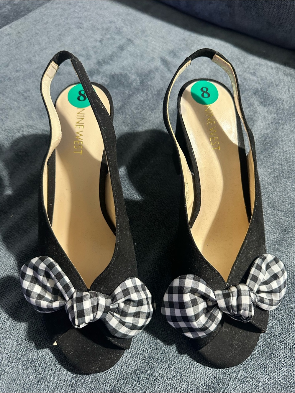 Nine West Black Slingback Peep-Toe Flats with Black-and-White Gingham Bow
